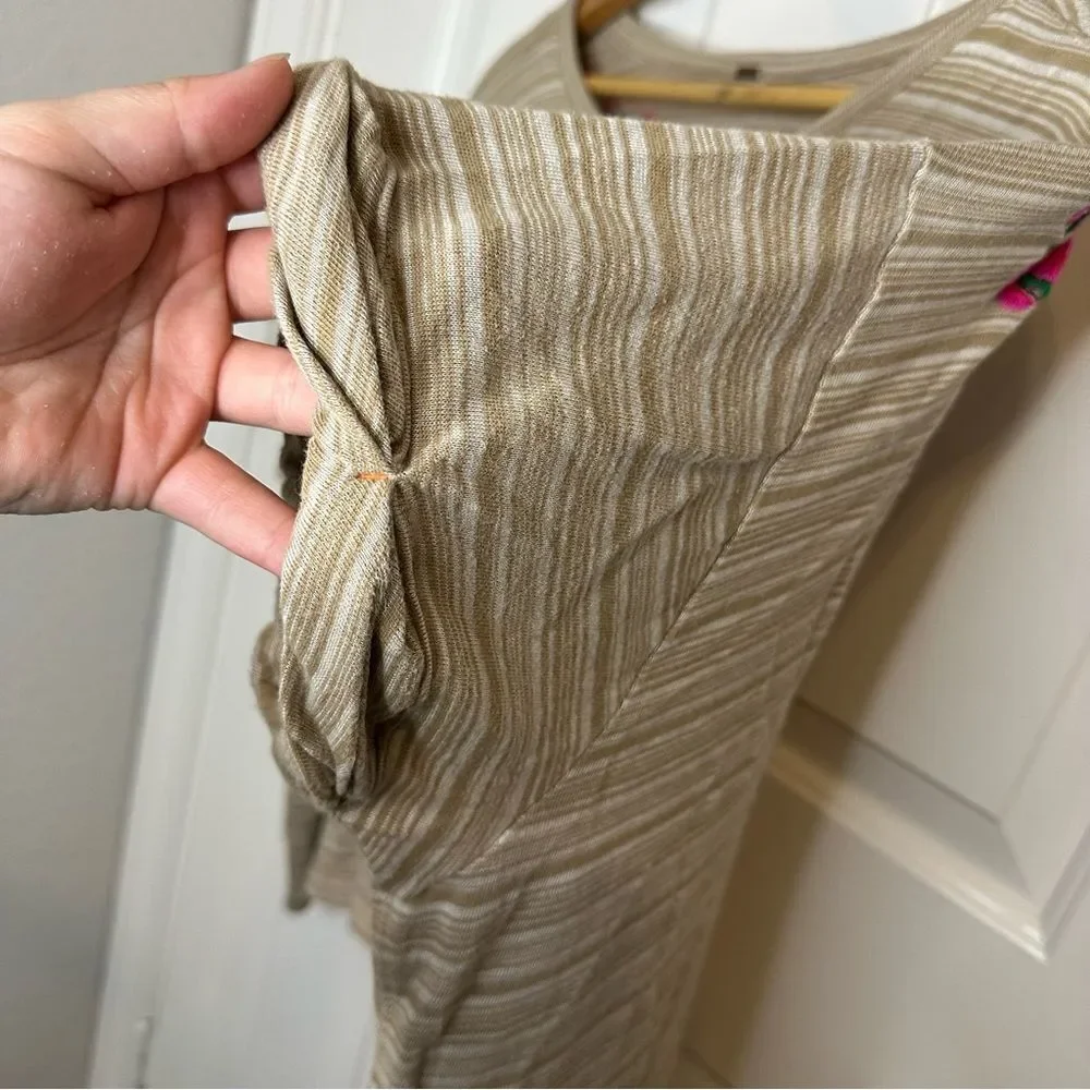 Free People Catalunya Tan White Striped Floral Embroidered Top Sz M Boho Preppy - Picture 5 of 8